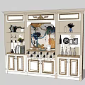 Elegant White Wine Cabinet With Gold Accents Abstract Painting And Decorative Bottles