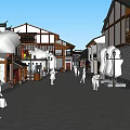 Traditional Chinese Commercial Street With Black Tiled Roofs White Walls Green Plants And Pedestrian Walkway