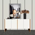 Minimalist White Entryway Console Cabinet With Metal Frame And Artwork Vase Decorations On Top