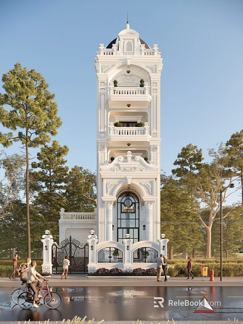 Elegant White Detached Villa With Tower Structure Ornate Decorations And Arched Doorway Surrounded by Trees 3d model 