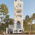 Elegant White Detached Villa With Tower Structure Ornate Decorations And Arched Doorway Surrounded by Trees