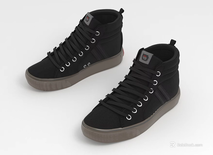 Black High Top Canvas Shoes With Laces Logo And Gray Sole 3d model 