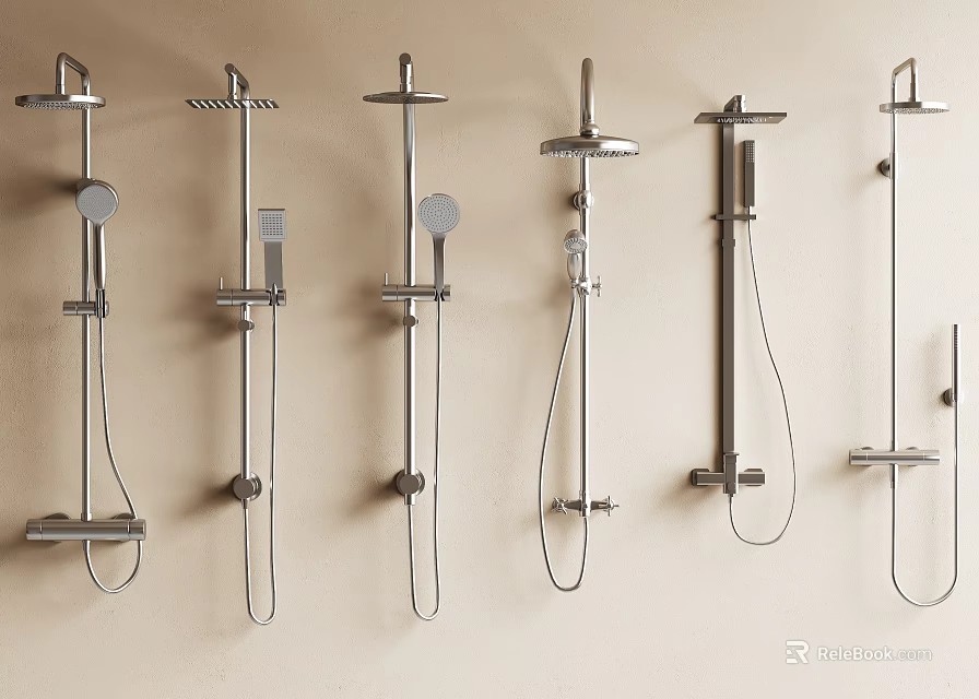 Modern Wall Mounted Shower Head Designs In Various Styles On Beige Wall 3d model 