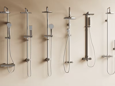Modern Wall Mounted Shower Head Designs In Various Styles On Beige Wall 3d model