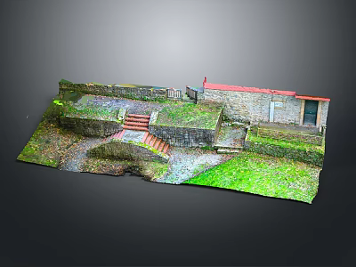 Traditional Rural Scene Construction With Stone Walls Red Roof House Steps Grass And Gravel Path 3d model