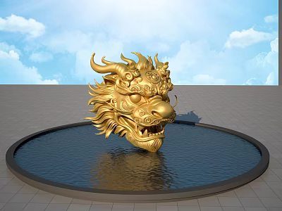 Golden Dragon Head Sculpture in Round Water Pool with Blue Sky White Clouds 3d model