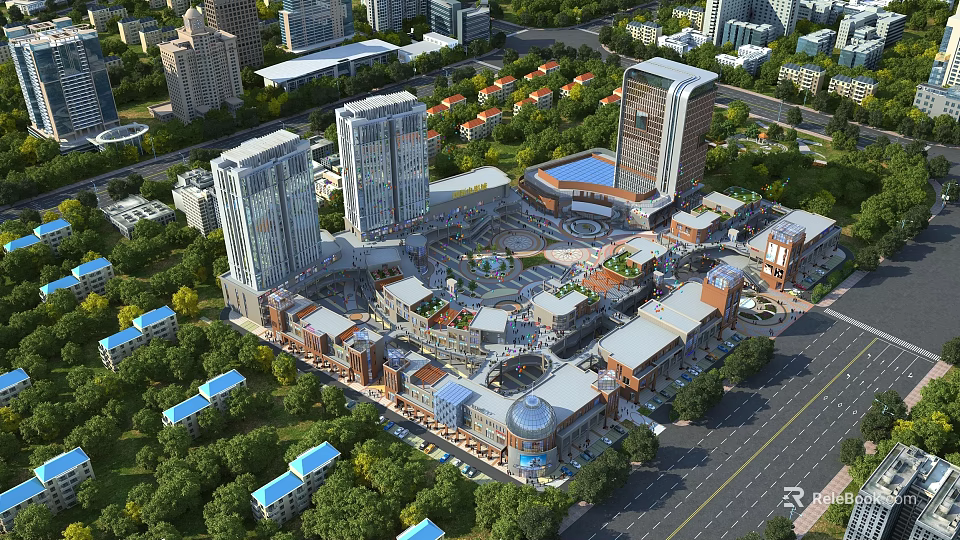 Aerial Urban Planning Layout Featuring High Rise Buildings Commercial Complex And Green Spaces 3d model 