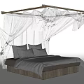 Double Bed with Gray Bed Sheets and Pillows and Wooden Frame with White Canopy Curtains