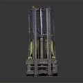 Worn Yellow And Green Industrial Forklift With Metal Forks And Cab