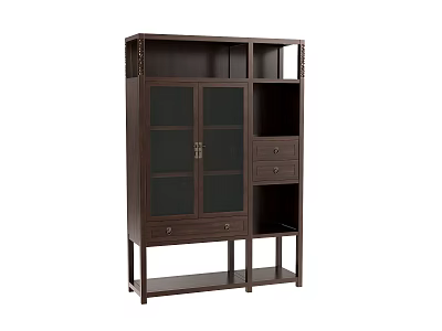 Dark Brown Wooden Bookcase With Glass Doors Drawers And Open Shelves 3d model