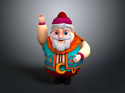 Cartoon Elderly Man Waving Hand With Red Purple Hat White Beard And Colorful Geometric Top 3d model