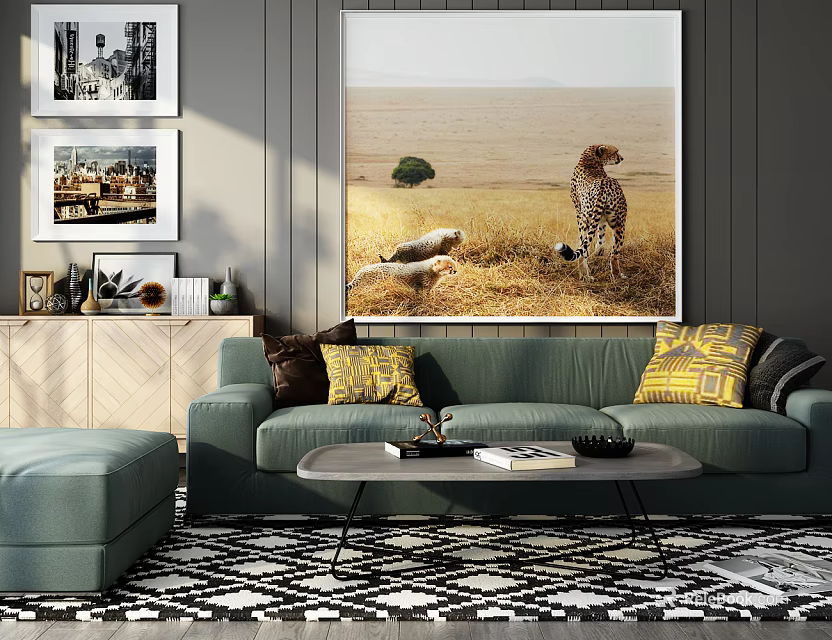 Green Sofa And Coffee Table Combination With Accent Pillows Ottoman Area Rug And Wall Art 3d model 