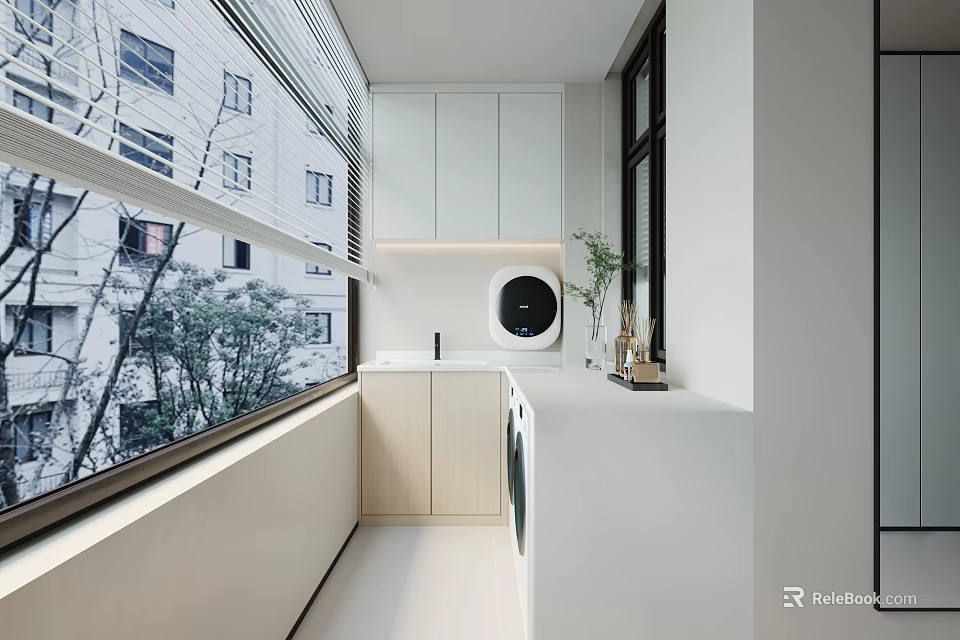 Home Balcony Design With Large Windows White Cabinets Washing Machine And Green Plants 3d model 