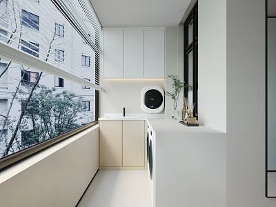 Home Balcony Design With Large Windows White Cabinets Washing Machine And Green Plants 3d model