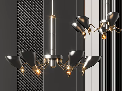 Modern Luxury Metal Chandelier with Multiple Light Heads and Black Shades in Striped Background Interior 3d model