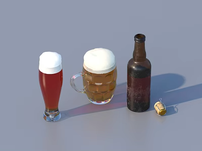 Still Life Of Brown Beer Bottle Foamy Glasses With Cork On Gray Background 3d model