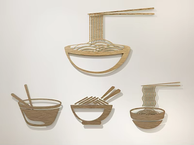 Wooden Bowls And Chopsticks Hanging Decor With Noodle Design For Wall Decoration 3d model