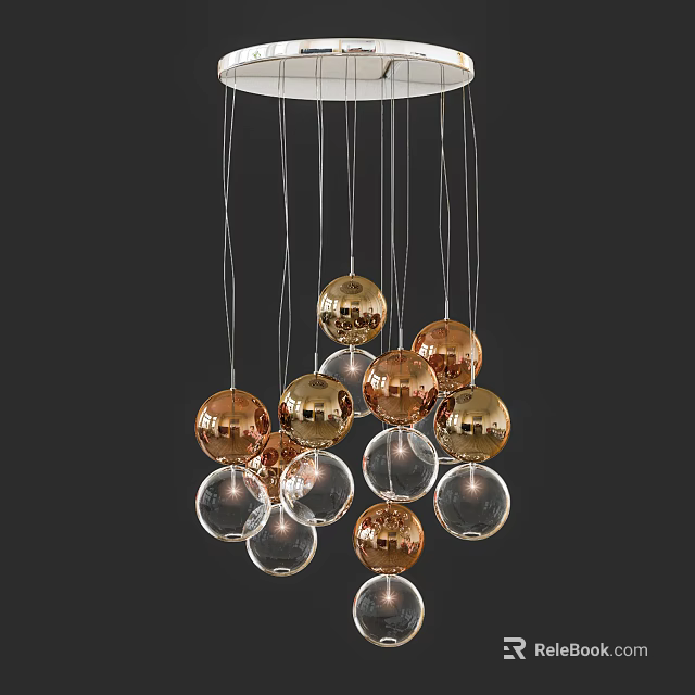 Modern Chandelier With Glass And Gold Spheres Hanging In Cluster Arrangement 3d model 