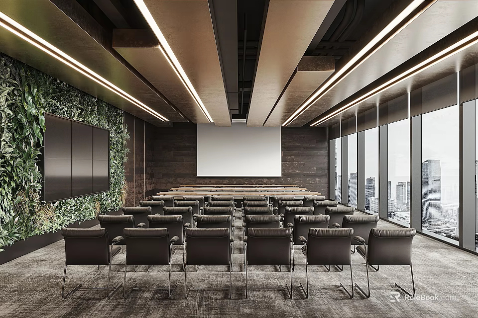 Modern Conference Room Interior With Plant Wall Projection Screen And Large City View Windows 3d model 