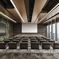 Modern Conference Room Interior With Plant Wall Projection Screen And Large City View Windows
