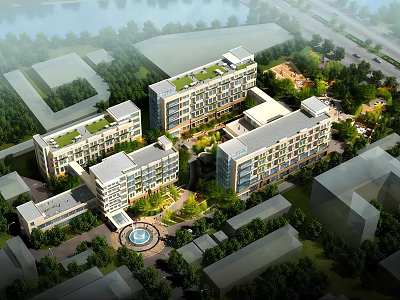 Aerial Planning of Modern Building Complex with Green Landscaping and Water Features 3d model