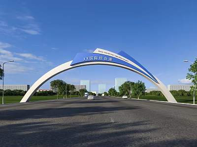 Modern Arched Entrance Gate Architectural Design With Blue Sky Green Trees And Road 3d model