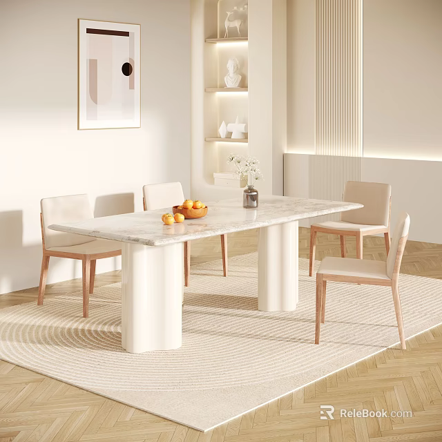 Modern Minimalist Dining Table Set Rectangular Marble Top Light Wood Chairs White Legs Fruit Bowl 3d model 