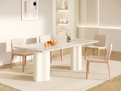 Modern Minimalist Dining Table Set Rectangular Marble Top Light Wood Chairs White Legs Fruit Bowl 3d model