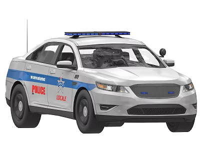 White Police Car Featuring Blue Body Stripes Blue Roof Lights POLICE Door Lettering and Badge 3d model