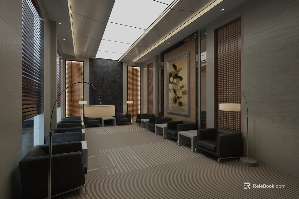 Hotel Public Lounge Area With Modern Design Spacious Space Warm Lighting Comfortable Sofas And Decorative Painting 3d model 