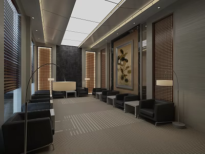 Hotel Public Lounge Area With Modern Design Spacious Space Warm Lighting Comfortable Sofas And Decorative Painting 3d model