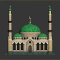 Islamic Mosque 3D Model With Green Dome Small Domes And Minarets 3d model