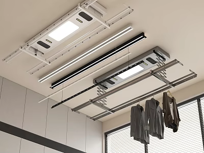 Ceiling Mounted Smart Clothes Rack with LED Light and Metal Bars in Modern Home 3d model