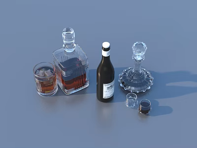 Assorted Bottles And Drinking Glasses With Ice Crystal Goblet On Gray Background 3d model