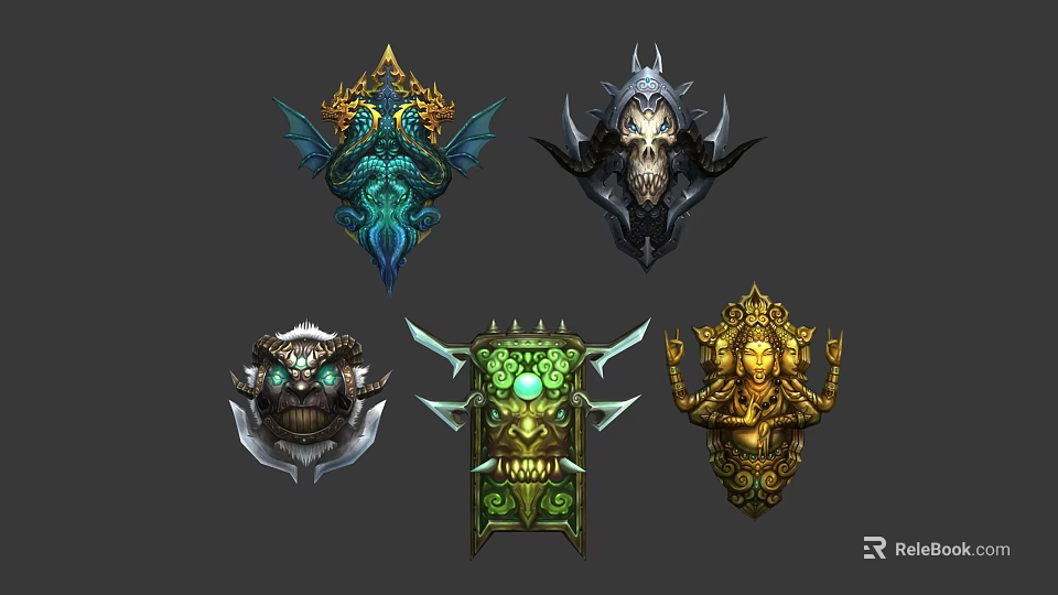 Intricate Mythical Fantasy Badge Icons With Wings Skull Horns And Gemstone Details 3d model 