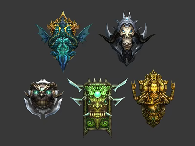 Intricate Mythical Fantasy Badge Icons With Wings Skull Horns And Gemstone Details 3d model