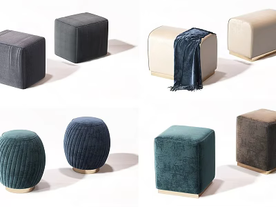 Modern Upholstered Stools In Various Shapes And Multiple Colors With Metal Bases 3d model