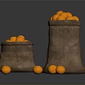 Fresh Oranges in Burlap Sacks with Scattered Fruits on Dark Background