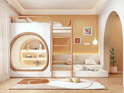 Cozy Kids Room Interior With Wooden Bunk Bed Circular Display Shelf And Sofa Area 3d model
