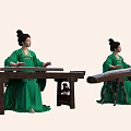 Woman in traditional green dress playing guzheng on wooden table