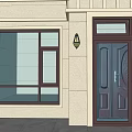 Elegant Entrance Door With Copper Frame Glass Window Wall Lamp And White Building Wall