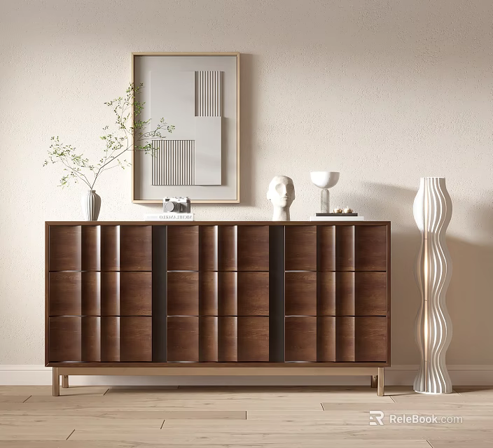Modern Wooden Entryway Side Cabinet With Vase Sculpture And Framed Art 3d model 