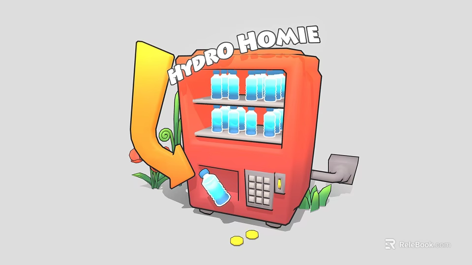 Red Commercial Water Bottle Vending Machine Featuring Hydro Homie Brand Coins And Decorative Plants 3d model 