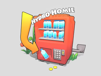 Red Commercial Water Bottle Vending Machine Featuring Hydro Homie Brand Coins And Decorative Plants 3d model