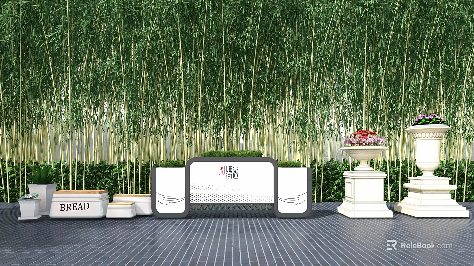 White Flower Planters with Flowers in Bamboo Grove Outdoor Display Area 3d model 