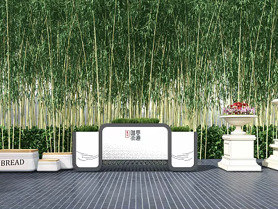 White Flower Planters with Flowers in Bamboo Grove Outdoor Display Area 3d model