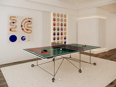 Indoor Sports Equipment Table Tennis Table With Balls Rackets And Decorative Wall 3d model