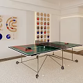 Indoor Sports Equipment Table Tennis Table With Balls Rackets And Decorative Wall