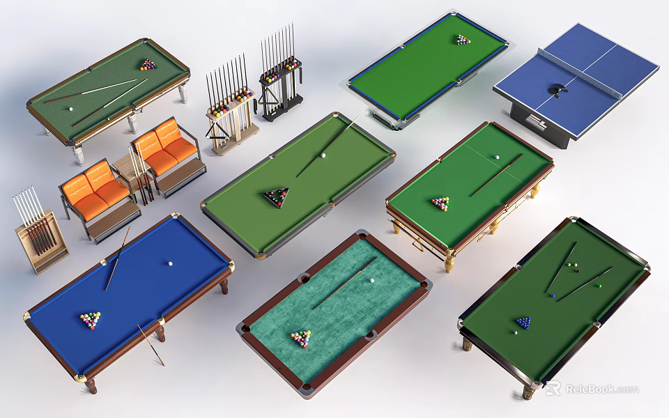 Variety Of Colorful Billiard Tables With Cues Racks And Orange Chairs 3d model 