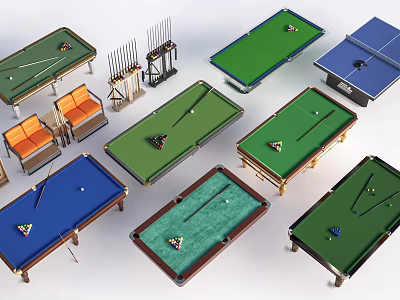 Variety Of Colorful Billiard Tables With Cues Racks And Orange Chairs 3d model